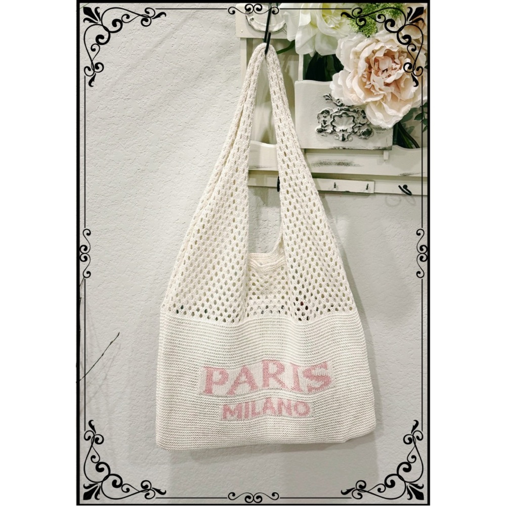 NEW Vintage Inspired Crocheted Paris Tote | Off White with Light Pink Lettering